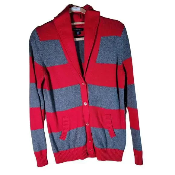 Tommy Hilfiger Red Gray Ruby Stripe Button Cardigan Front Pockets Women Size M - Picture 1 of 9